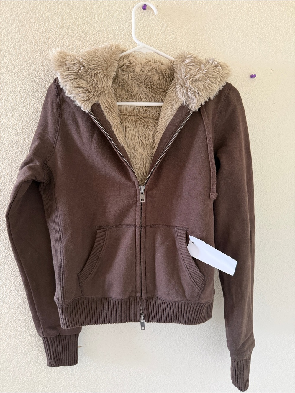 Brandy melville Brown Christy Faux Fur Lined Zip Hoodie Jacket